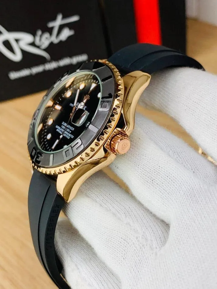 Men's Gold & Black Water-Resistant Quartz Watch with Date Window – Submariner Style
