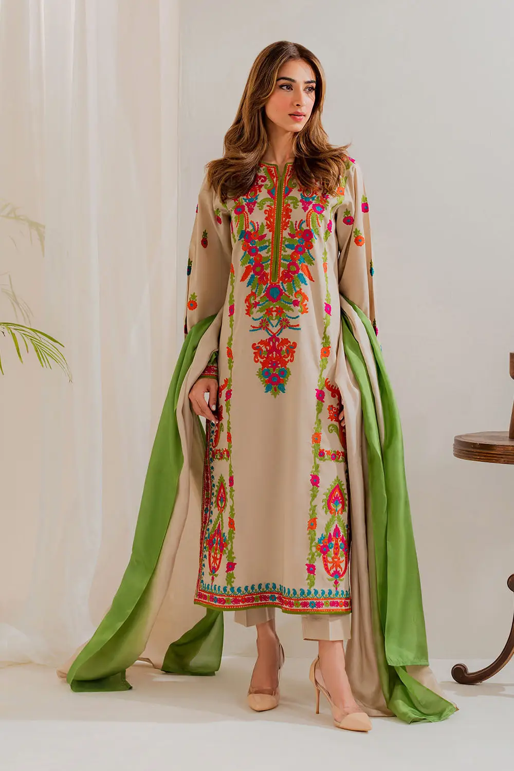 3-Piece Women's Stitched Linen Embroidered Suit – Beige (Tawakal Closet)