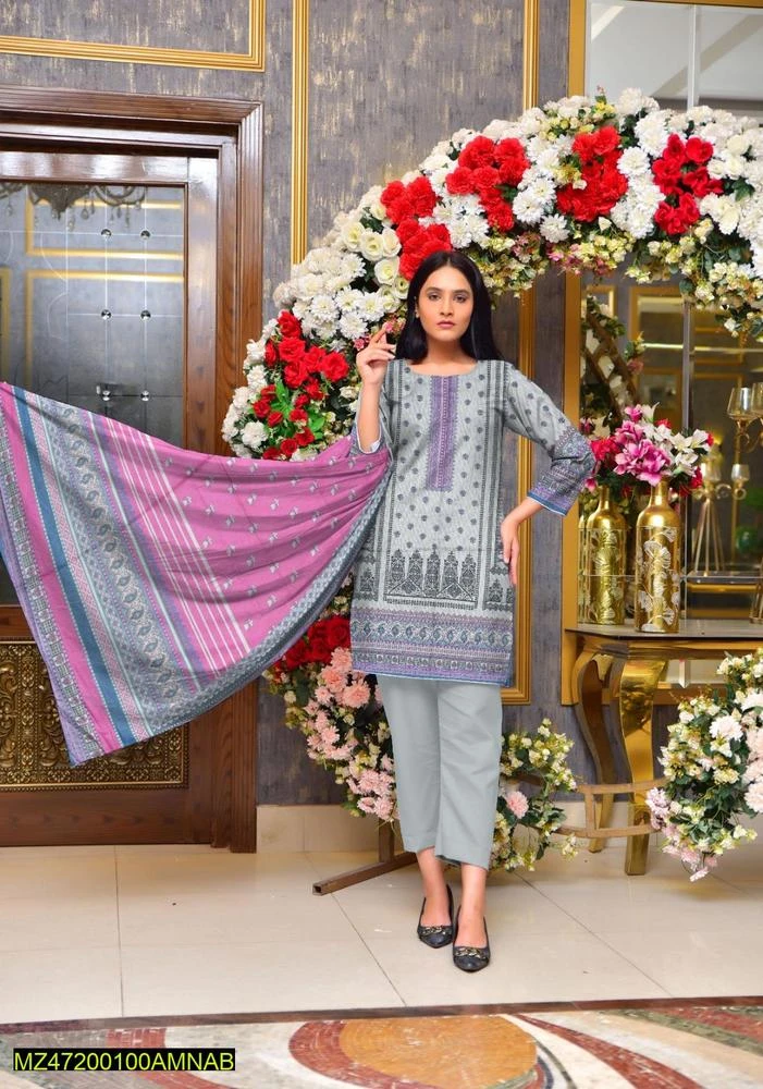 3 Pcs Women's Unstitched Dhanak Printed Suit