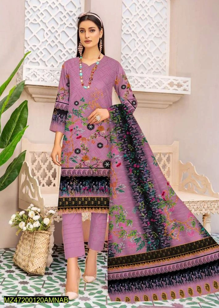3 Pcs Women's Unstitched Dhanak Printed Suit