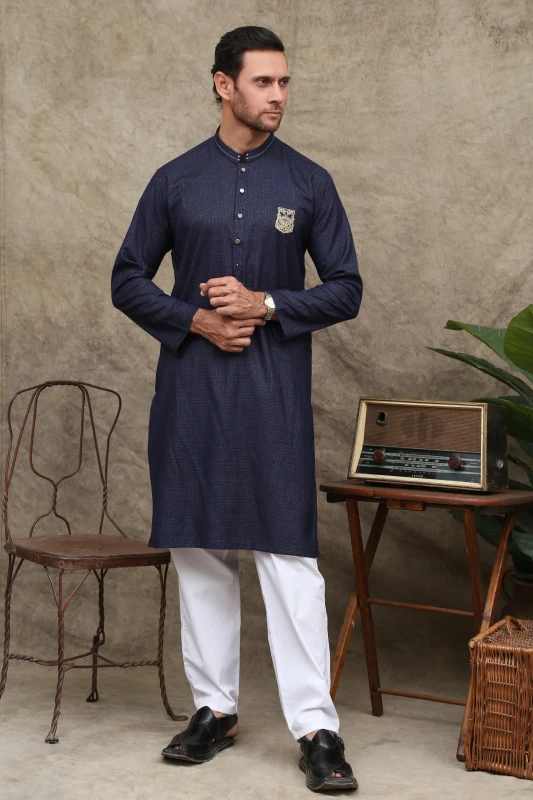 NAVY BLUE PATCHED WASH & WEAR MEN'S KURTA