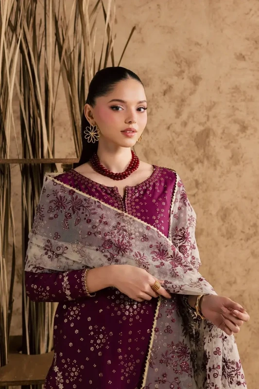 Stunning 3-Piece Women's Stitched Embroidered Cotton Suit – Purple
