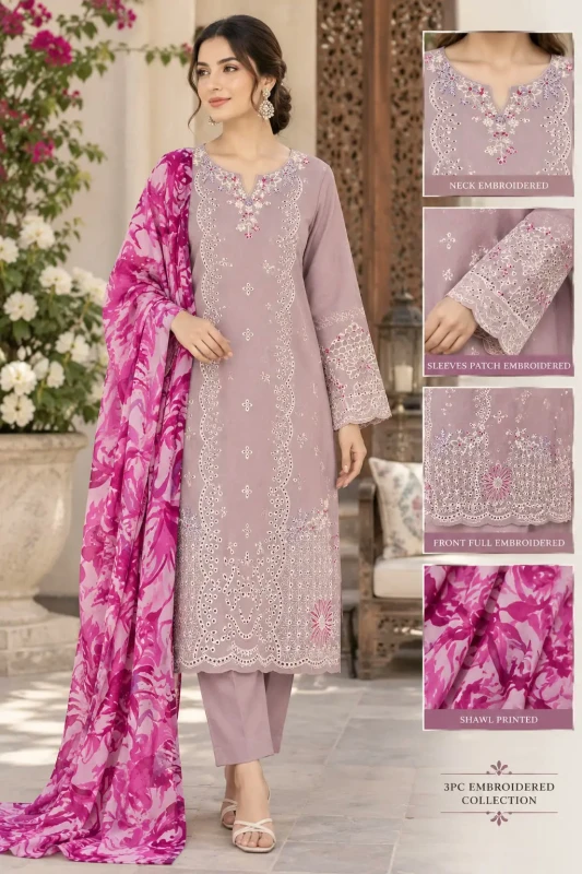 Women's 3-Piece Unstitched Embroidered Suit – Purple Dhanak with Digital Print Dupatta