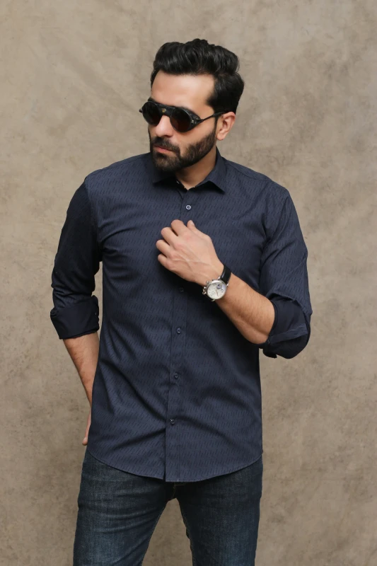 MEN'S PLAIN NAVY BLUE COTTON CASUAL SHIRT