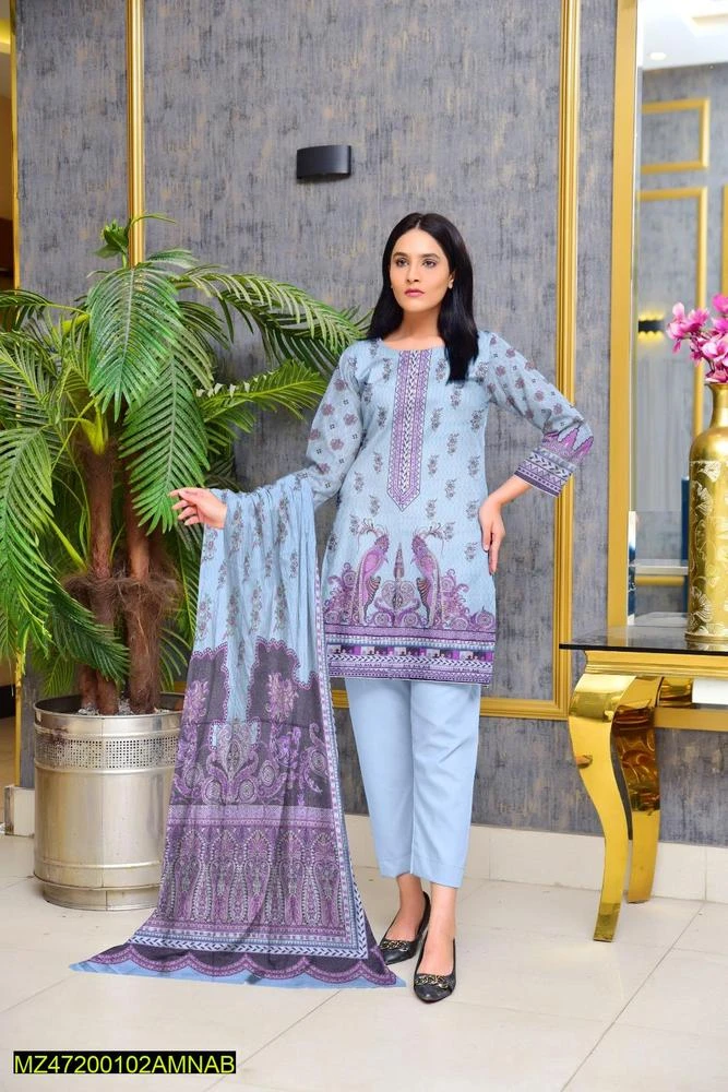 3 Pcs Women's Unstitched Dhanak Printed Suit