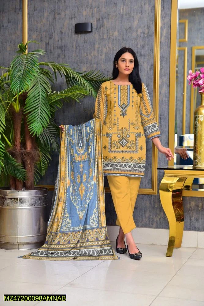 3 Pcs Women's Unstitched Dhanak Printed Suit