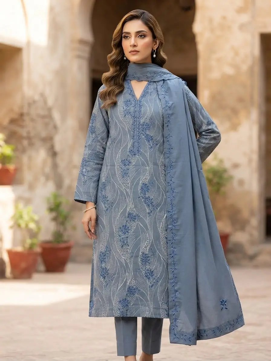 3 Pcs Women's Unstitched Embroidered Suit (MLight)