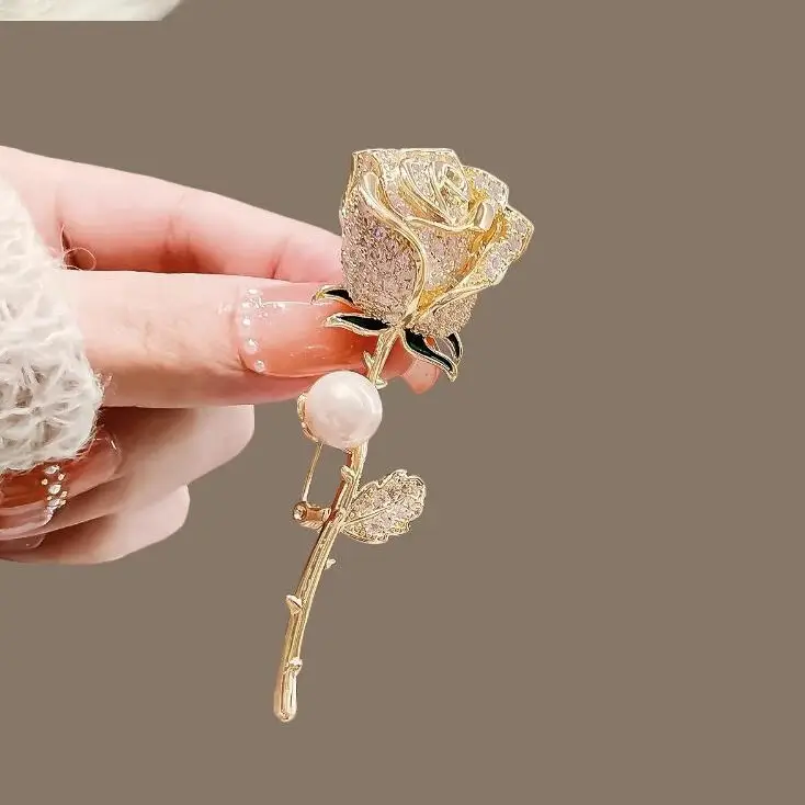 Golden Rose Brooch for Women – Diamond & Pearl Accent Pin, Gold & Silver Finish