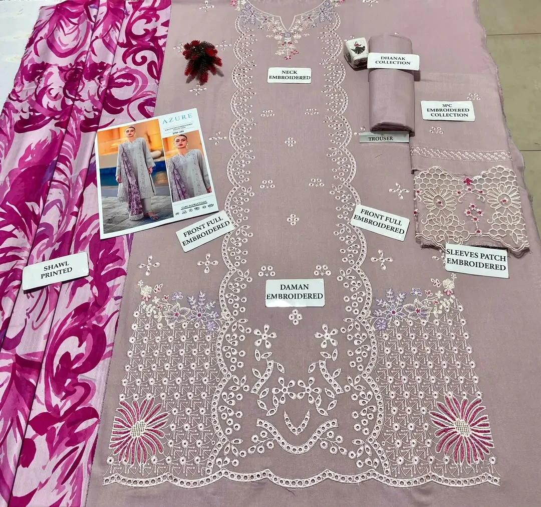 Women's 3-Piece Unstitched Embroidered Suit – Purple Dhanak with Digital Print Dupatta