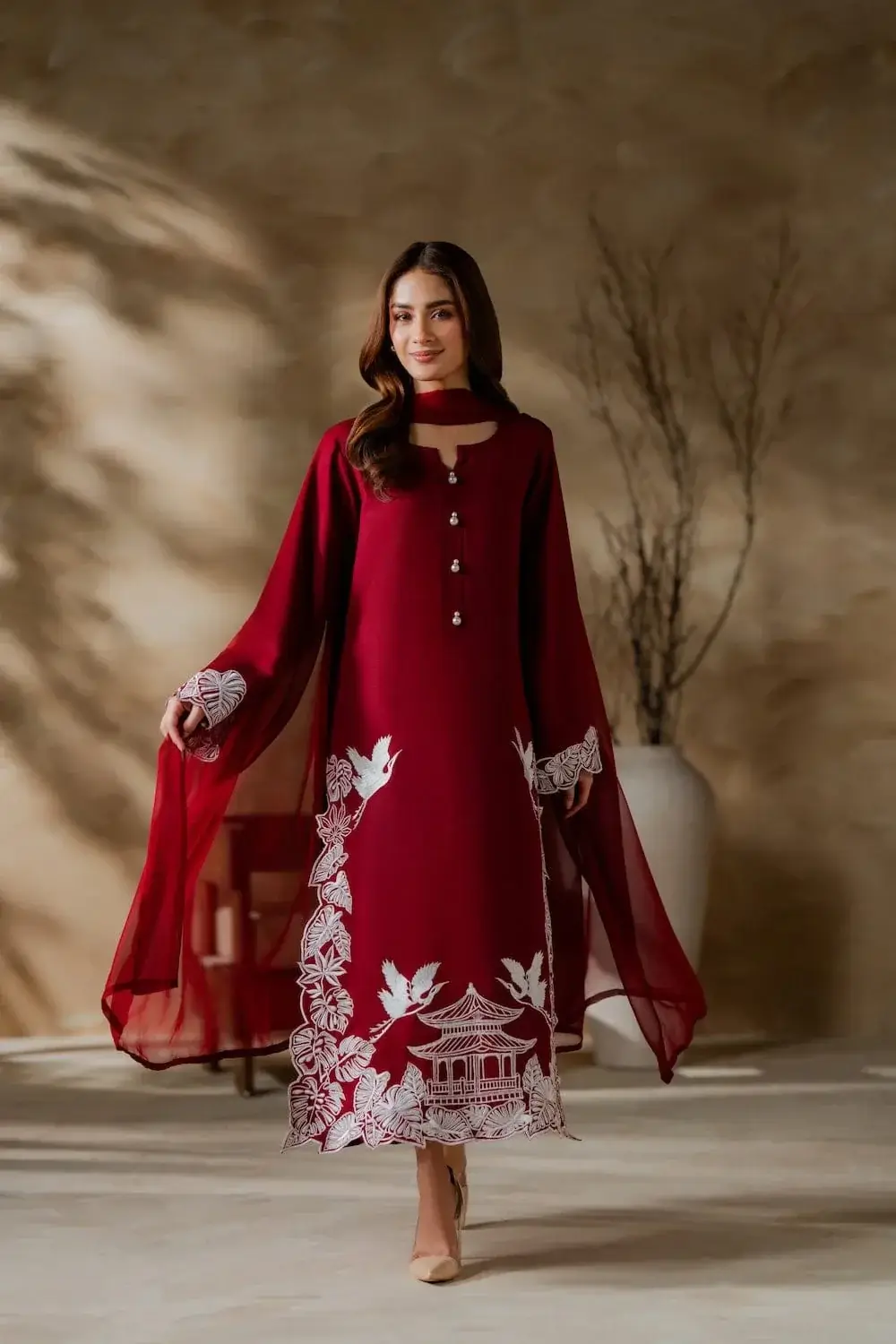 Elegant Maroon 3-Piece Women's Stitched Linen Suit with Embroidered Detail