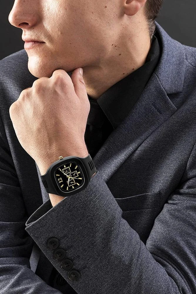 Men's Black Silicone Analogue Watch with Gold Accents – Square Dial