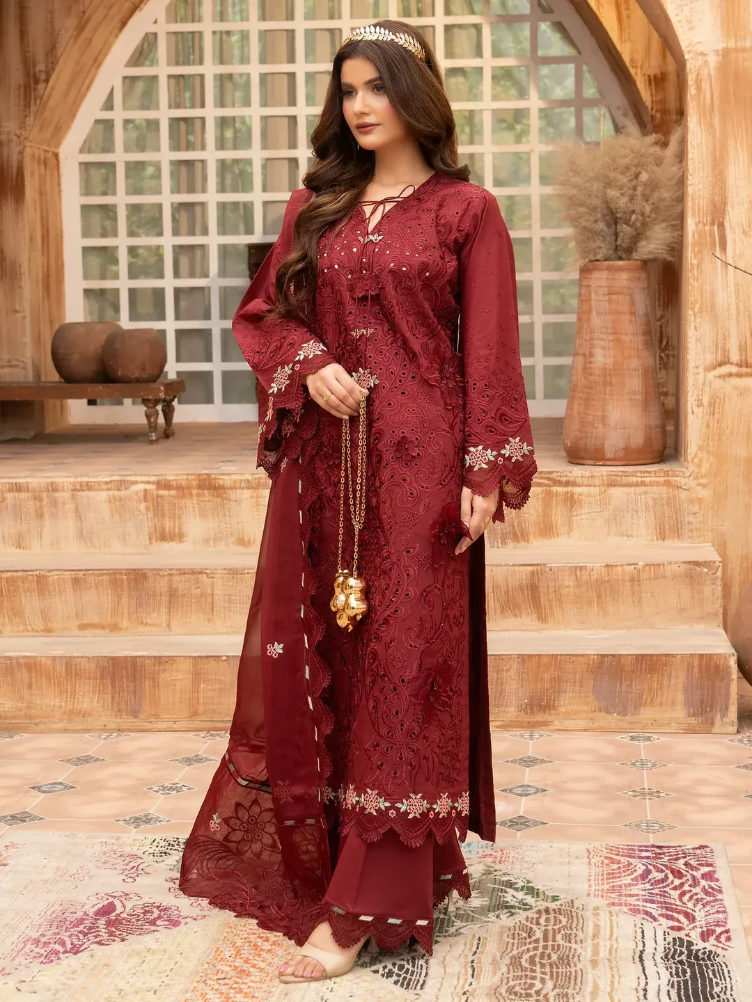 Rukh U2A Embroidered Premium Lawn Suit – 4-Piece Wine Maroon Set