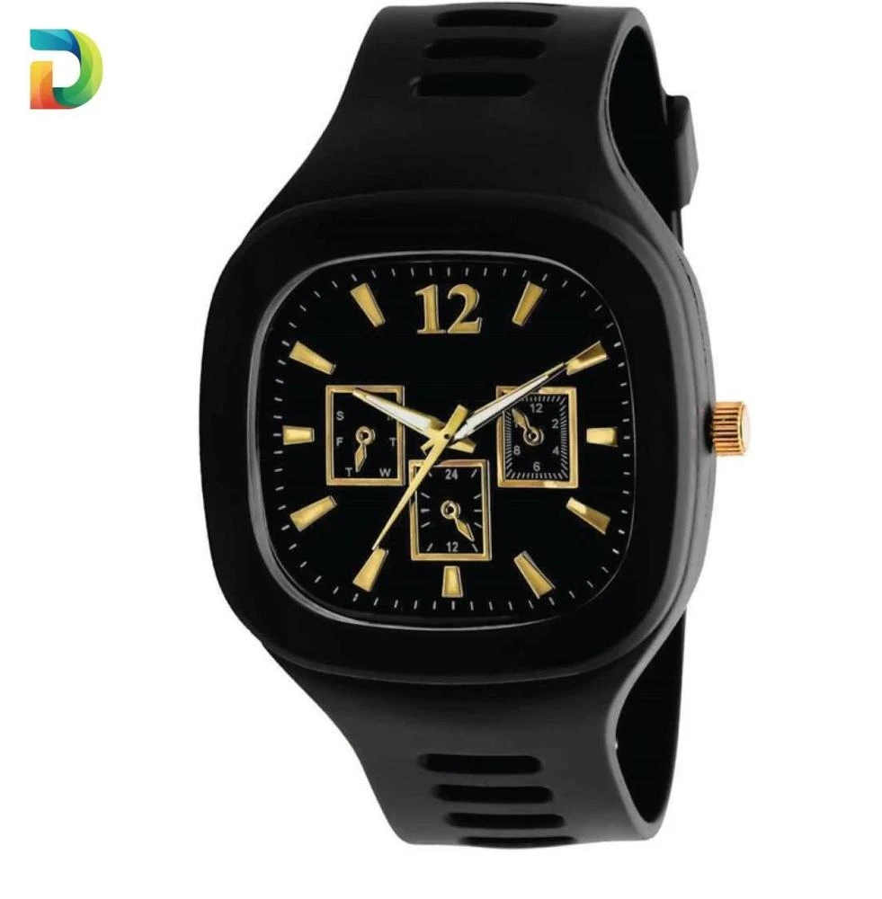 Men's Black Silicone Analogue Watch with Gold Accents – Square Dial