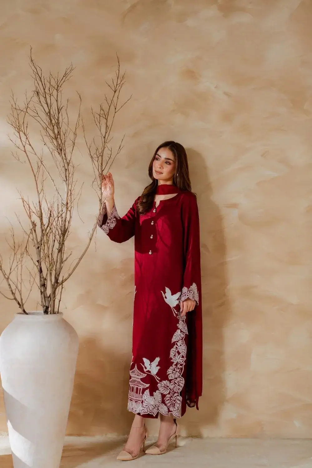 Elegant Maroon 3-Piece Women's Stitched Linen Suit with Embroidered Detail